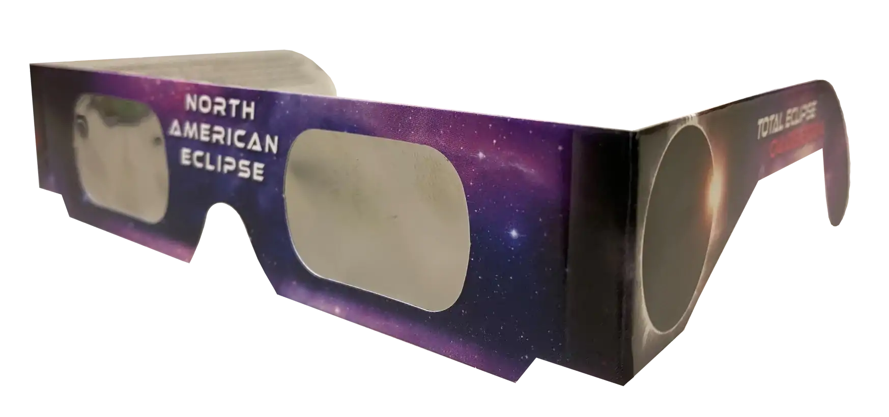 photo of eclipse viewing glasses showing the front and one side