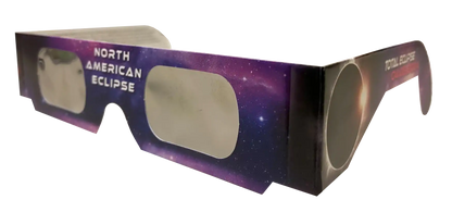 photo of eclipse viewing glasses showing the front and one side