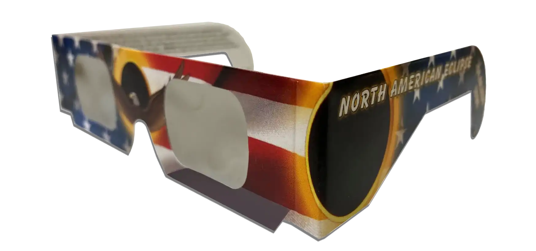 stock photo of patriotic eclipse glasses for sale, featuring the USA flag and bald eagle