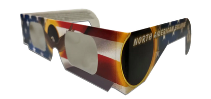 stock photo of patriotic eclipse glasses for sale, featuring the USA flag and bald eagle