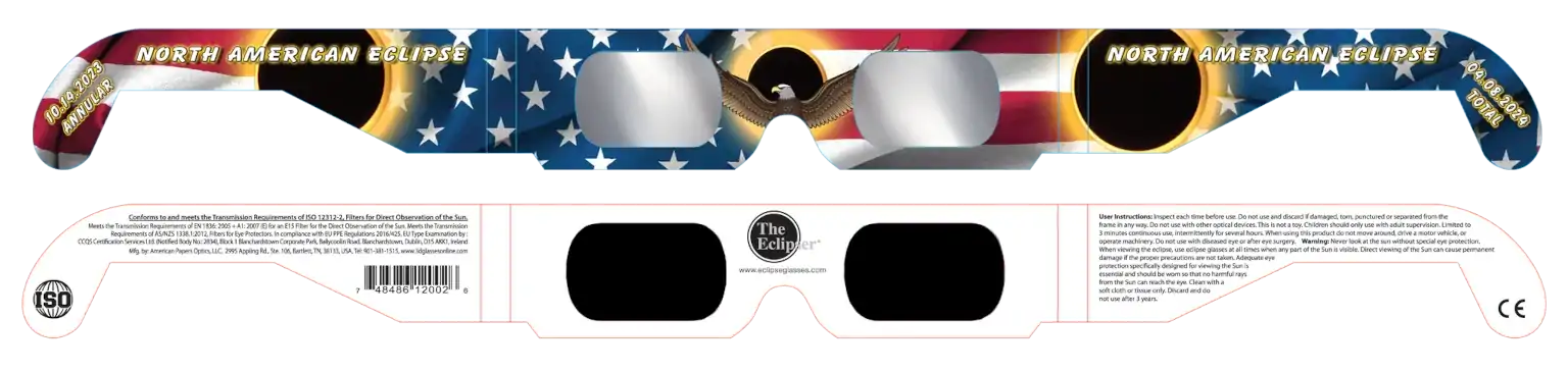 image of the unfolded front and back patriotic solar eclipse glasses